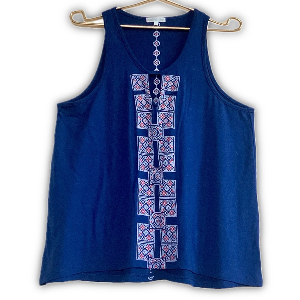 Blue and multi-coloured tank top with cut out and embroidery detailing
